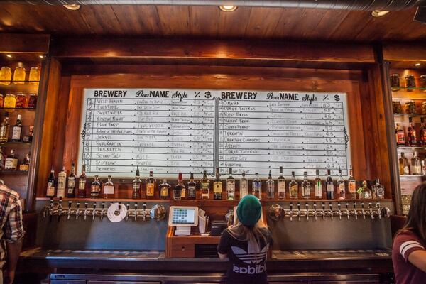 The all-Georgia rotating draft beer list behind the bar at Georgia Beer Garden in Old Fourth Ward. PHOTO CREDIT: Andrew Alonso.