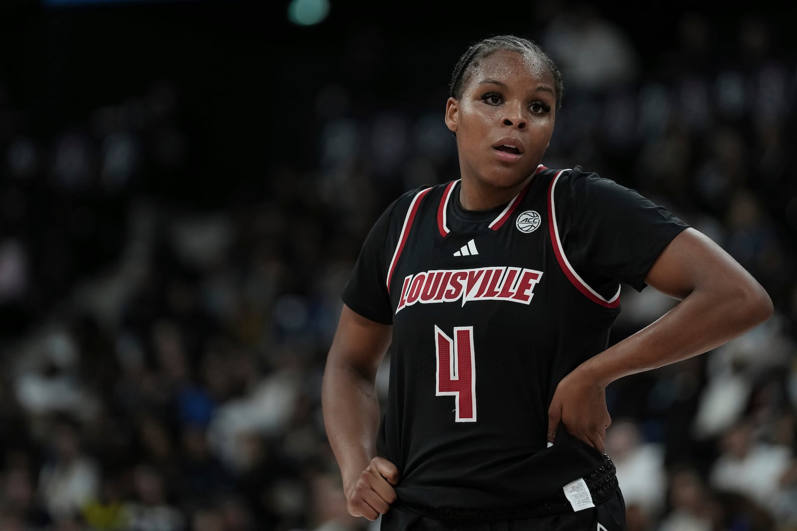 Louisville forward Mackenly Randolph looks on during an NCAA college basketball game against UCLA Monday, Nov. 4, 2024, in Paris, France. (AP Photo/Aurelien Morissard)