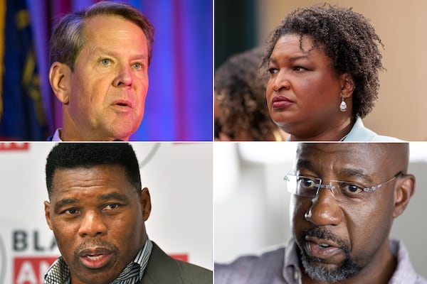 Gov. Brian Kemp, top left, faces Stacey Abrams and Herschel Walker, bottom left, faces U.S. Sen. Rafael Warnock in high-profile races in November. (AJC file photos)