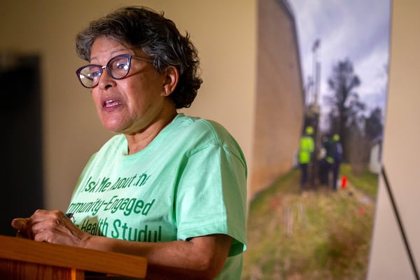 Rosario Hernandez speaks during a news conference at the New Life Covenant Church on Friday, March 18, 2022. (Steve Schaefer for the AJC)