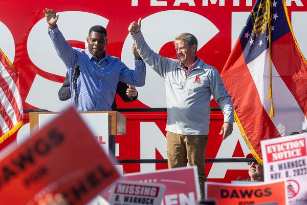 A group of Georgia rabbis and Jewish leaders is calling on Republican Senate hopeful Herschel Walker Walker (left) and Gov. Brian Kemp (right), and other Republicans in condemning Donald Trump’s recent dinner with Nick Fuentes, a known white supremacist. (Steve Schaefer/AJC)