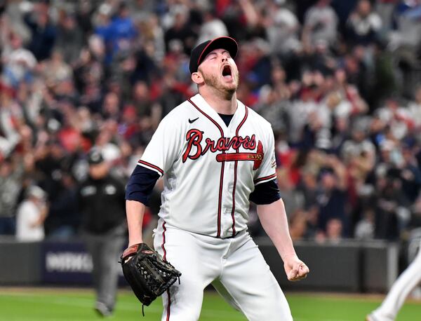 Braves relief pitcher Tyler Matzek reacts after striking out Los Angeles Dodgers right fielder Mookie Betts. Hyosub Shin / Hyosub.Shin@ajc.com