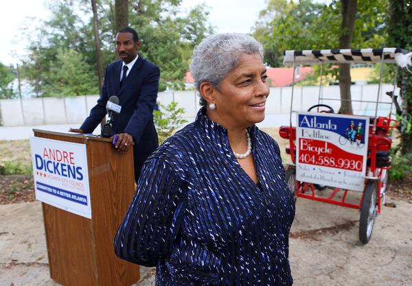 Former Atlanta Mayor Shirley Franklin makes a rare appearance to endorse Andre Dickens (left) for City Council at the Atlanta Beltline on Oct. 15, 2013, in Atlanta. This year, she endorsed Dickens for mayor. (Curtis Compton / Curtis.Compton@ajc.com)