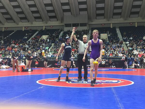 Kasey Baynon of Statesboro High School in Statesboro, Ga. wins the fifth place match over Tripp Sauls of Villa Rica High School in the 2018 GHSA Boys State Wrestling Championship on Feb. 10. (Bo Viness/ Statesboro Wrestling)