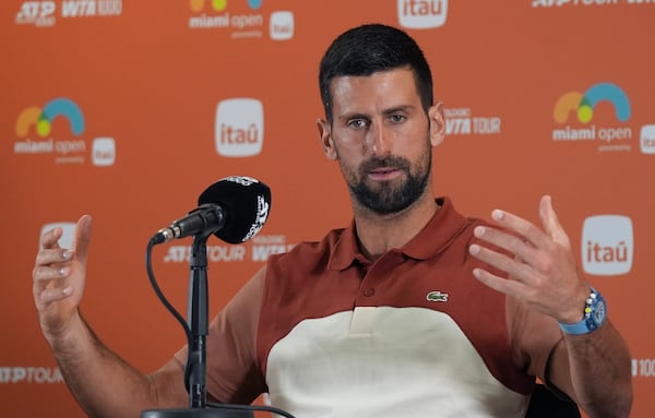 Novak Djokovic, of Serbia, speaks at a news conference at the Miami Open tennis tournament, Thursday, March 20, 2025, in Miami Gardens, Fla. (AP Photo/Lynne Sladky)