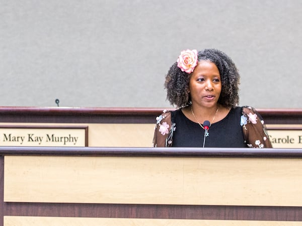 Gwinnett County School Board chair Tarece Johnson, right, on Dec 17, 2020. (Jenni Girtman for The Atlanta Journal-Constitution)