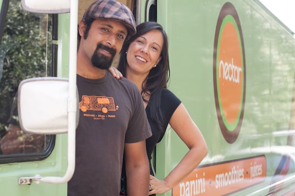  Owners Gaurav Malhotra and Naruna Rangel with one of Nectar's food trucks. Contributed photo.