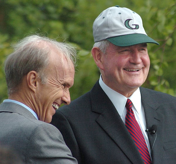 Sonny Perdue visited Georgia Gwinnett College's campus in June 2008 to celebrate the first day of classes at the school. Perdue, then governor, shares a laugh with the college's president at the time, Daniel Kaufman. (AJC file photo) 