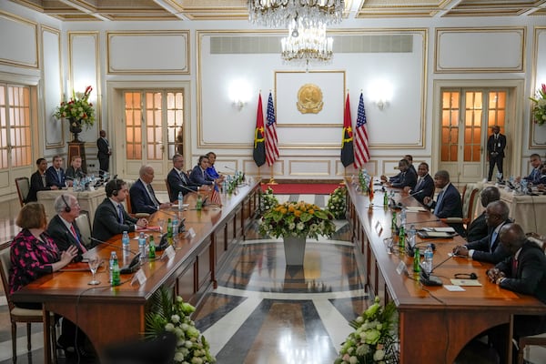 President Joe Biden faces Angola's President Joao Lourenco during their meeting at the presidential palace in the capital Luanda, Angola on Tuesday, Dec. 3, 2024. (AP Photo/Ben Curtis)