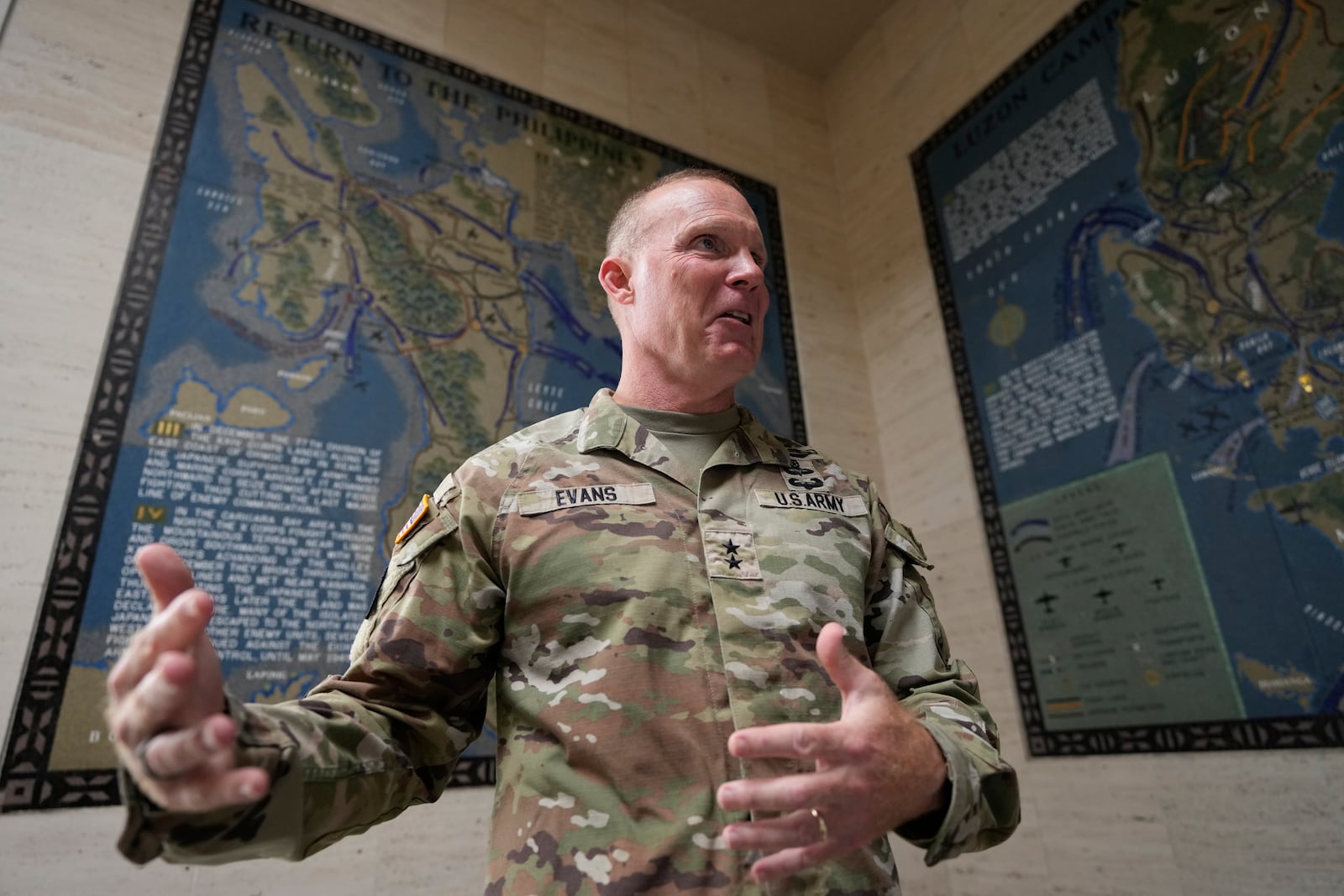 U.S. Maj. Gen. Marcus Evans, commanding general of the U.S. Army's 25th Infantry Division, gestures during an interview with The Associated Press at the Manila American Cemetery and Memorial in Taguig, Philippines Monday, Oct. 21, 2024. (AP Photo/Aaron Favila)