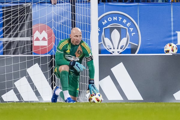 Atlanta United goalkeeper Brad Guzan during the match against the CF Montreal at Stade Saputo in Montreal on Tuesday Oct. 22, 2024. (Photo by Mitch Martin/Atlanta United)