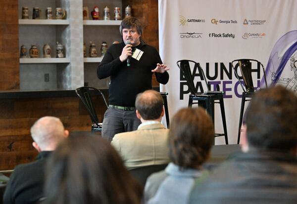 Valerii Iakovenko, founder of Futurology and DroneUA Group, speaks during the Launch Pad Tech Collaboration Event hosted with Georgia Tech, Partnership Gwinnett and Peachtree Corners Curiosity Lab on Thursday in Norcross. Hyosub Shin/AJC