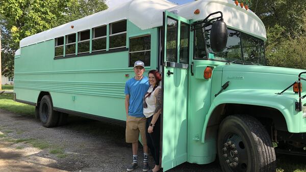 Sam and Jordan Page renovated a 2003 Chevrolet Blue Bird school bus, converting it into a traveling tiny home. (Matt Riedel/Wichita Eagle/TNS)