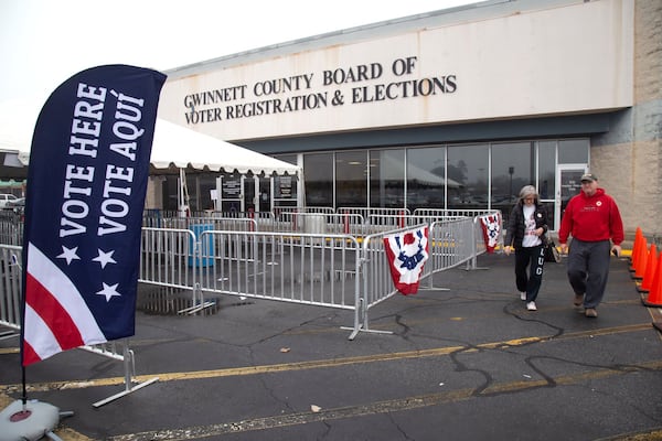 Karen and Tom Koots leave the Gwinnett County Voter Registration and Elections office in Lawrenceville after voting on the proposed MARTA expansion into Gwinnett County Saturday, March 9, 2019. STEVE SCHAEFER / SPECIAL TO THE AJC