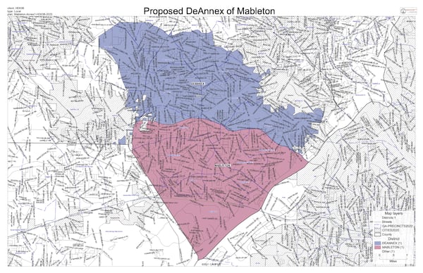 This map shows the area state Rep. David Wilkerson proposed for lawmakers to consider removing from the city of Mableton. The map is expected to change as lawmakers debate which areas to de-annex.