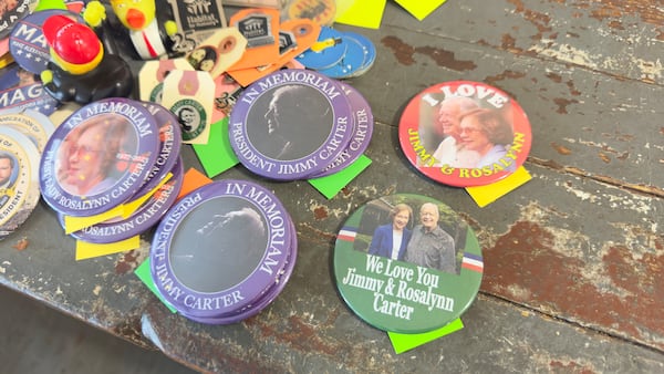 Some of the buttons for sale at the Plains Trading Post, a memorabilia shop in Plains that sells all manner of political wares. (Joe Kovac Jr./AJC)