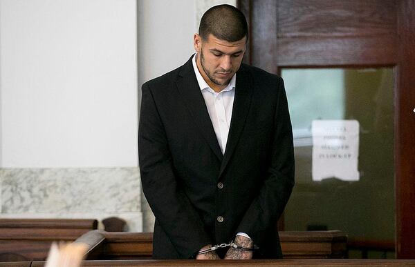 Aaron Hernandez in court in Attleboro, Mass., on JUly 24, 2013.  