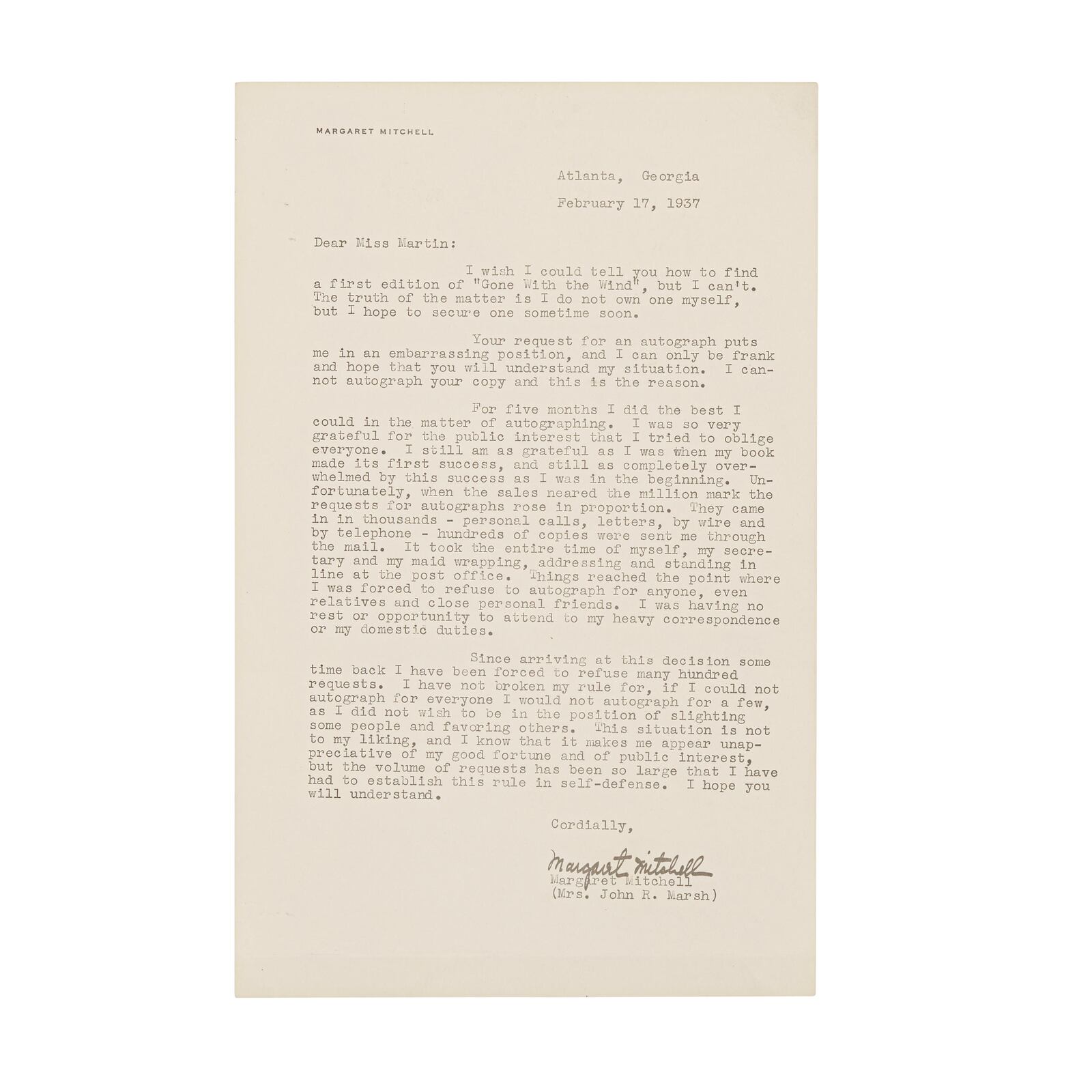 Author Margaret Mitchell was bowled over at the success of her novel "Gone with the Wind" and when thousands of people asked her to sign their books, she would politely decline, often typing a letter like this, valued at $1,500 to $2,000. BONHAMS