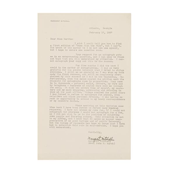 Author Margaret Mitchell was bowled over at the success of her novel "Gone with the Wind," and when thousands of people asked her to sign their books, she would politely decline, often typing a letter like this, valued at $1,500 to $2,000. Courtesy of Bonhams.