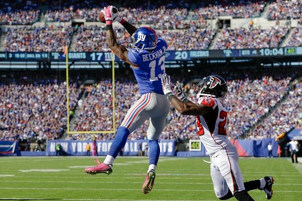 New York Giants wide receiver Odell Beckham (13) makes a touchdown catch on a pass from quarterback Eli Manning, not pictured, as Atlanta Falcons cornerback Robert Alford defends on the play during the second half of an NFL football game, Sunday, Oct. 5, 2014, in East Rutherford, N.J. (AP Photo/Seth Wenig) Here's the touchdown that made the Birds 2-3. (Seth Wenig/AP photo)