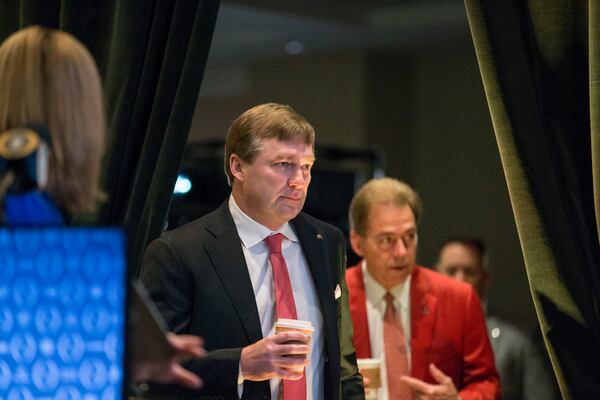  Georgia Bulldogs head coach Kirby Smart and Alabama Crimson Tide head coach Nick Saban prepare to speak with the media during the head coaches’ press conference in the Grand Ballroom at the Sheraton hotel in Atlanta on Sunday, January 7, 2018.  