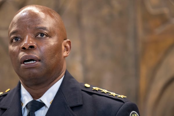 07/16/2021 — Atlanta, Georgia — Atlanta Police Chief Rodney Bryant makes remarks during a press conference to give an update on the Atlanta Anti-Violence Advisory Council at Atlanta City Hall, Friday, July 16, 2021. (Alyssa Pointer/Atlanta Journal Constitution)