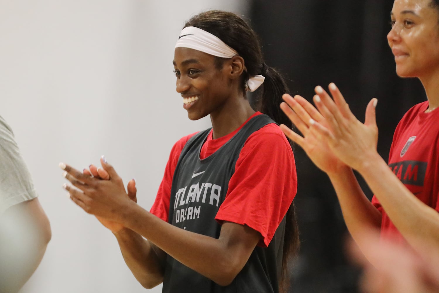 Atlanta Dream guard Maya Caldwell reacts during a team meeting after a practice session at the Atlanta Dream training camp in Chamblee on Monday, April 18, 2022. Miguel Martinez/miguel.martinezjimenez@ajc.com