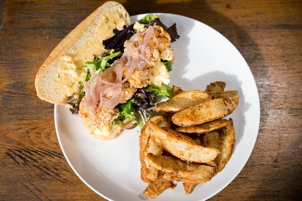  Deviled Egg Po Boy with fried shrimp, farm egg salad, creole remoulade, veggies and Twisted house fries. Photo credit- Mia Yakel.