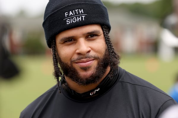 Falcons fullback Keith Smith speaks to members of the media during training camp at the Falcons Practice Facility, Monday, August 1, 2022, in Flowery Branch, Ga. (Jason Getz / Jason.Getz@ajc.com)