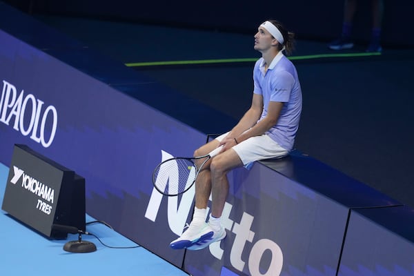 Germany's Alexander Zverev watches a video review during the semifinal tennis match against Taylor Fritz of the United States at the ATP World Tour Finals at the Inalpi Arena in Turin, Italy, Saturday, Nov. 16, 2024. (AP Photo/Antonio Calanni)