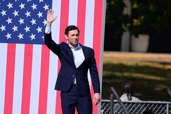 Sen. Jon Ossoff, D-Ga., arrives to speak at a campaign rally for Democratic presidential nominee Vice President Kamala Harris outside the Atlanta Civic Center Nov. 2. (Brynn Anderson/AP)