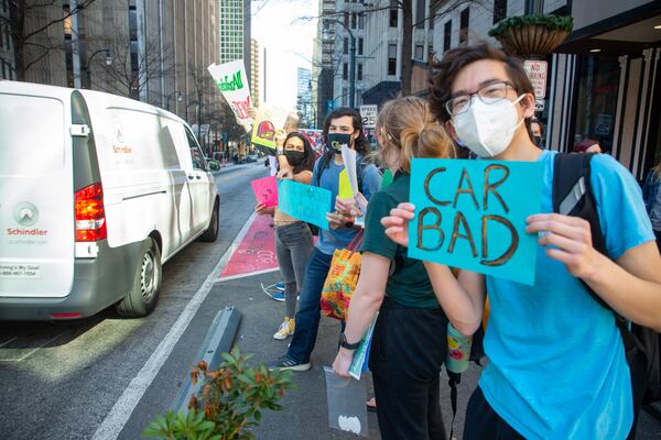  Advocates protest the removal of 'shared streets' along Peachtree St NE in Atlanta Monday, March 14, 2022.  STEVE SCHAEFER FOR THE ATLANTA JOURNAL-CONSTITUTION