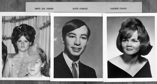 Pictured are Betty Lou Jensen, 16, David Faraday, 17, and Darlene Ferrin, 22, who California police investigators believe were killed by a serial killer calling himself the Zodiac Killer. Jensen and Faraday were shot to death Dec. 20, 1968, in Faraday's car in a remote area of Benicia. Ferrin was killed July 4, 1969, as she and Michael Mageau sat in her vehicle in Vallejo. Mageau, 19, survived the shooting.