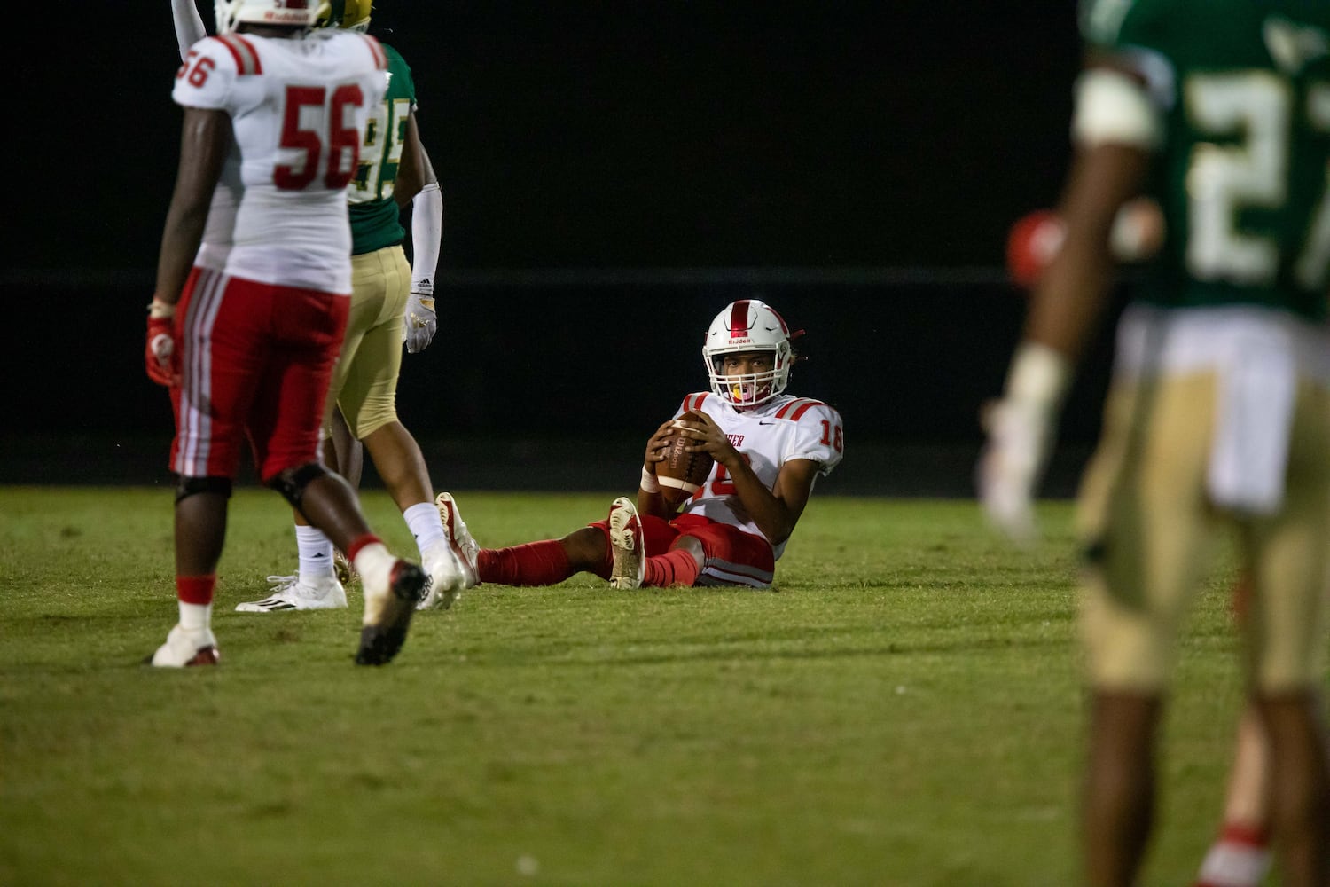 Archer's William Wallace (18) sits after a play during a GHSA high school football game between Grayson High School and Archer High School at Grayson High School in Loganville, GA., on Friday, Sept. 10, 2021. (Photo/Jenn Finch)