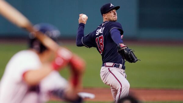 Atlanta Braves starting pitcher Drew Smyly delivers during the first inning of the team's baseball game against the Boston Red Sox at Fenway Park, Wednesday, May 26, 2021, in Boston. (AP Photo/Charles Krupa)