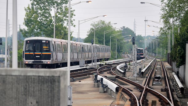 April 19,  2017 - Atlanta - MARTA trains are staged at the end of the gold line at the Doraville station.  