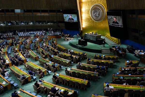 FILE - Ukraine's President Volodymyr Zelenskyy addresses the 79th session of the United Nations General Assembly, Sept. 25, 2024, at UN headquarters. (AP Photo/Julia Demaree Nikhinson, File)