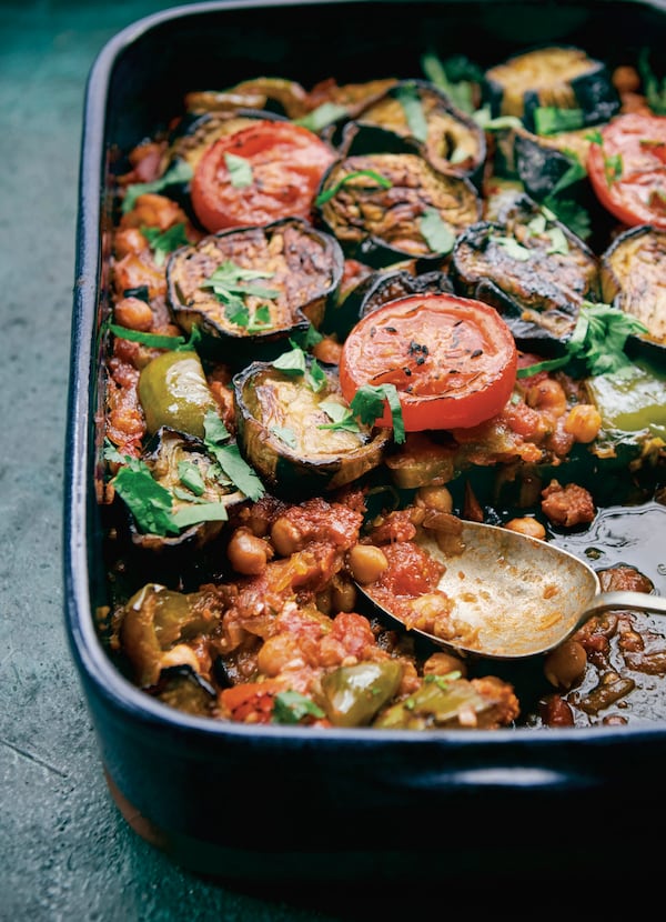 Eggplant, chickpea, and tomato bake