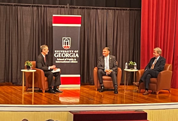 Democratic U.S. Sen. Joe Manchin of West Virginia, center, and former Missouri U.S. Sen. Roy Blunt, right, spoke in November at the inaugural Isakson Symposium on Political Civility honoring the late U.S. Sen. Johnny Isakson.