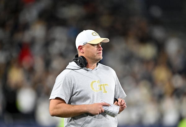 Georgia Tech head coach Brent Key watches during the first half of an NCAA college football game at Georgia Tech's Bobby Dodd Stadium, Thursday, November 21, 2024, in Atlanta. (Hyosub Shin / AJC)