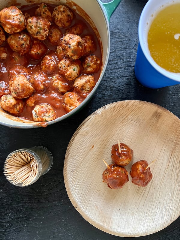 BBQ Meatballs are a lighter option, thanks to ground turkey and quinoa. (Virginia Willis for The Atlanta Journal-Constitution)