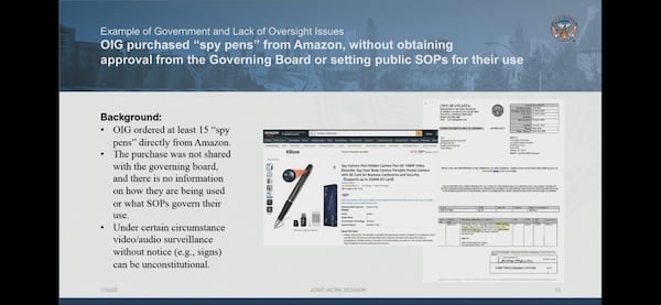 Atlanta's inspector general's office bought some spy pens last year. And it kind of freaked people out at City Hall. This is a slide the mayor's office used in efforts to curb the IG. 