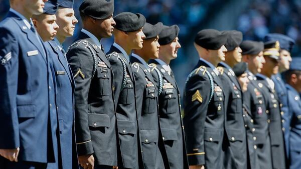 SEATTLE, WA - APRIL 19: Members of the U.S. Military are honored as part of Salute to Armed Forces Day prior to the game between the Seattle Mariners against the Texas Rangers at Safeco Field on April 19, 2015 in Seattle, Washington. 