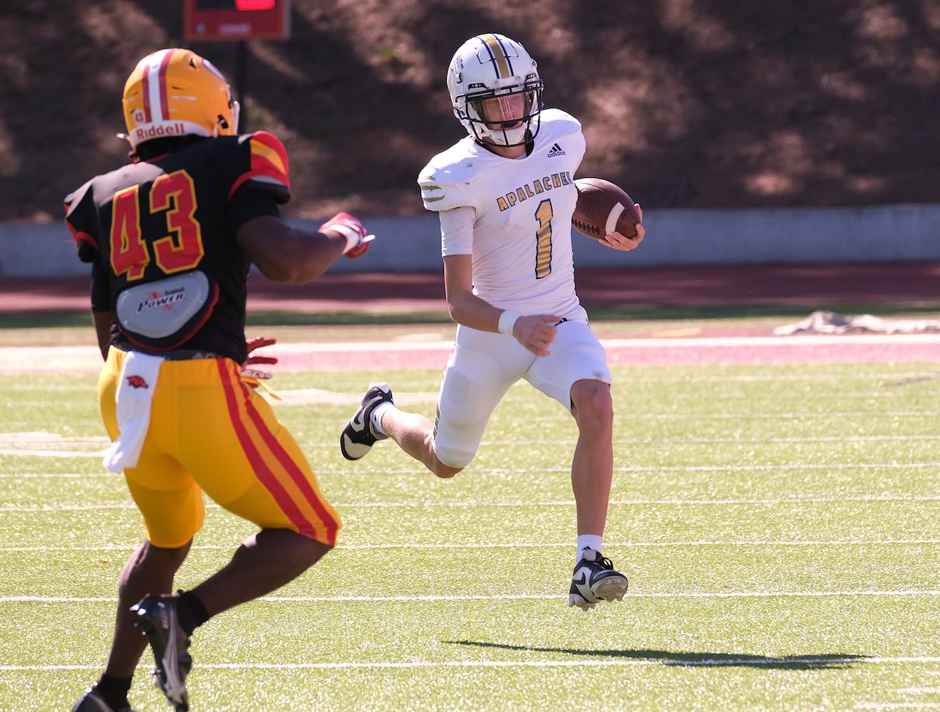 Apalachee quarterback Colin Eishen takes the ball in first quarter action.
Apalachee High School returned to the field against Athens Clarke Central Saturday September 28, 2024 in their first game since the school schooting earlier in the month.

 Nell Carroll for the Journal Constitution