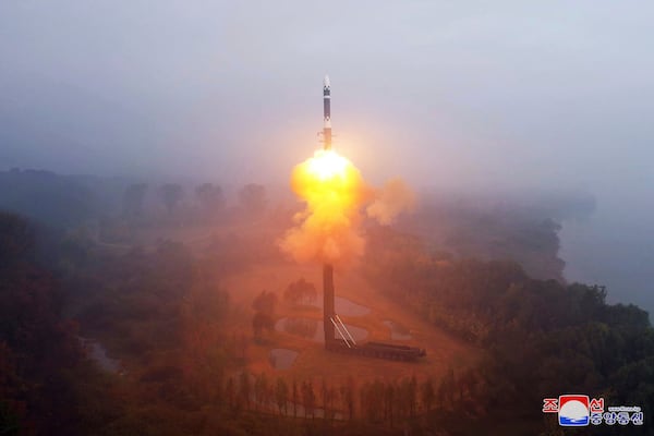 This photo provided by the North Korean government, shows what it says a test launch of new intercontinental ballistic missile "Hwasong-19" at an undisclosed place in North Korea Thursday, Oct. 31, 2024. Independent journalists were not given access to cover the event depicted in this image distributed by the North Korean government. The content of this image is as provided and cannot be independently verified. Korean language watermark on image as provided by source reads: "KCNA" which is the abbreviation for Korean Central News Agency. (Korean Central News Agency/Korea News Service via AP)