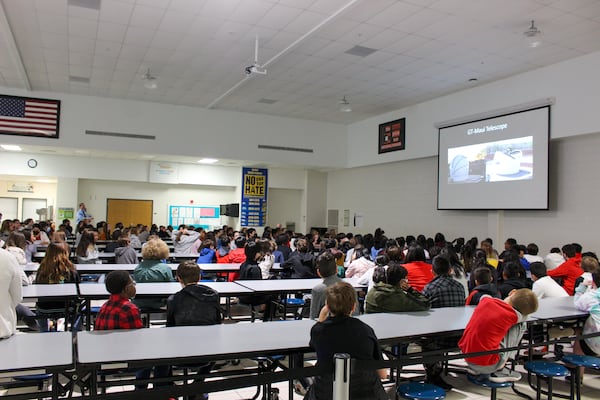 Jim Sowell and Tom Crowley give their Aloha Telescope presentation to about 600 six-graders at Lanier Middle School in Sugar Hill on April 19, 2022. Courtesy of Jim Sowell