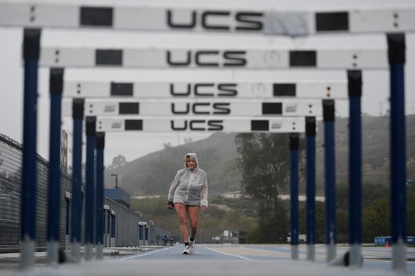 Sharon Kerson, 83, trains for the Los Angeles Marathon at the West Los Angeles College track in Culver City, Calif., Thursday, March 13, 2025. (AP Photo/Damian Dovarganes)