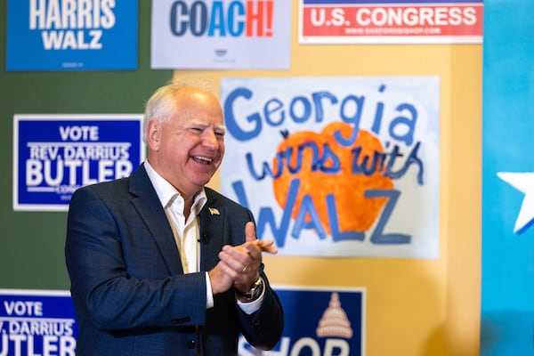 Minnesota Gov. Tim Walz, the running mate of Vice President Kamala Harris, speaks to supporters at a Democratic campaign office in Macon on Tuesday, Sept. 17, 2024. (Arvin Temkar/AJC)