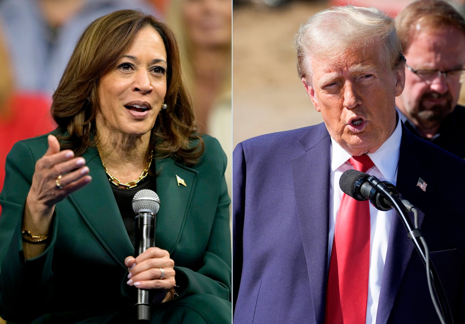 This combination of photos taken Monday, Oct. 21, 2024, shows Democratic presidential nominee Vice President Kamala Harris speaking during a town hall in Malvern, Pa., left, and Republican presidential nominee former President Donald Trump delivering remarks on Hurricane Helene in Swannanoa, N.C.. (AP Photo)