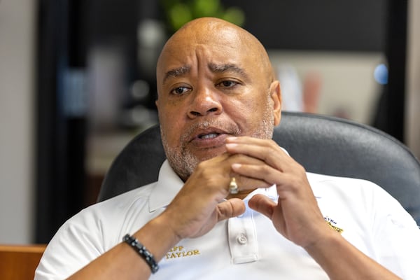 Gwinnett County Sheriff Keybo Taylor speaks to an AJC reporter about the inmate tablet program at the Sheriff’s Office in Lawrenceville on Wednesday, April 26, 2023. (Arvin Temkar / arvin.temkar@ajc.com)